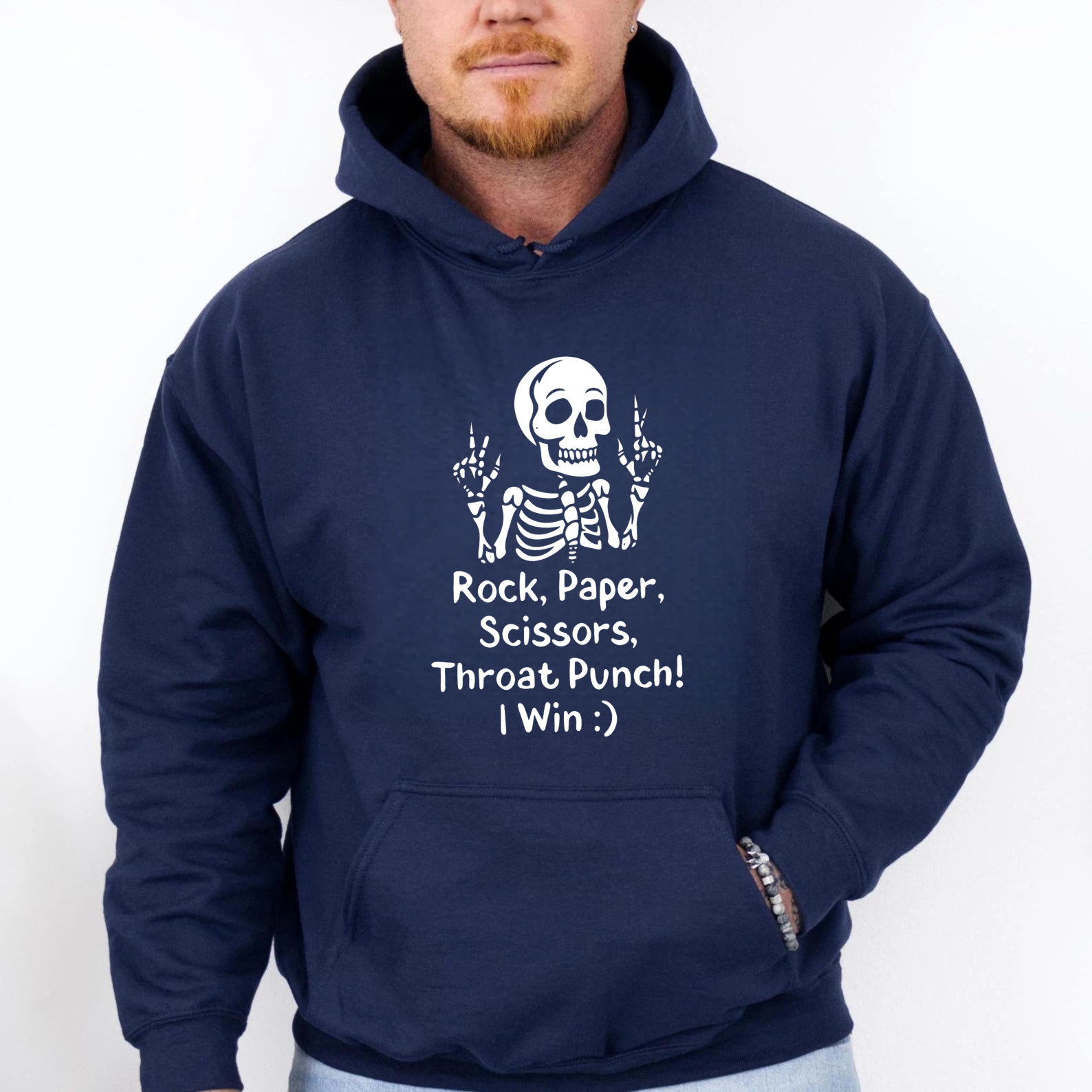 Skeleton Rock Paper Scissors Throat Punch I Win Hoodie Black Funny Sweatshirt