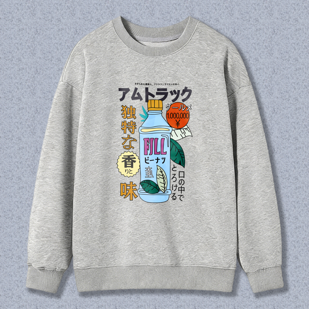 Japanese Style Pill Bottle Graphic Sweatshirt Unique Flavor Design Casual Long Sleeve Top