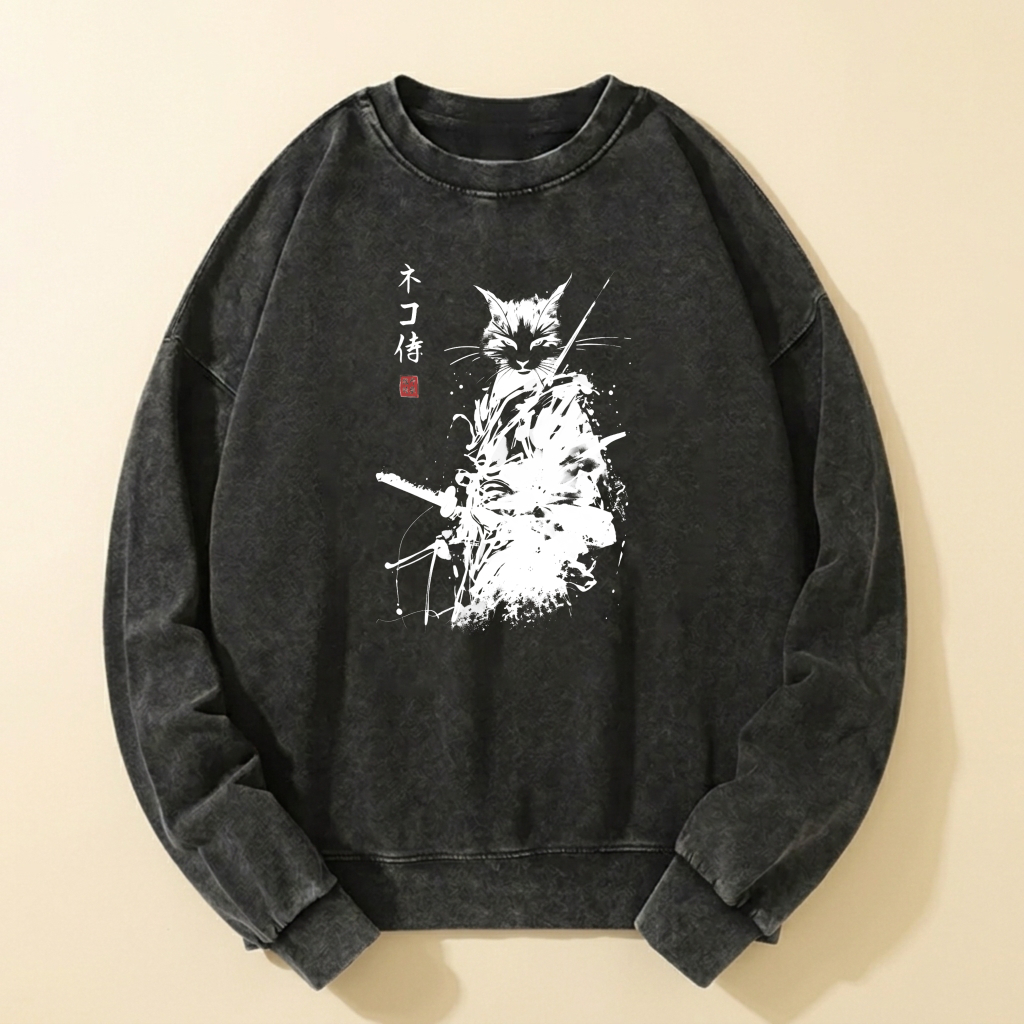 Cat Samurai Sweatshirt Black Ink Style Graphic Crewneck Long Sleeve Pullover
