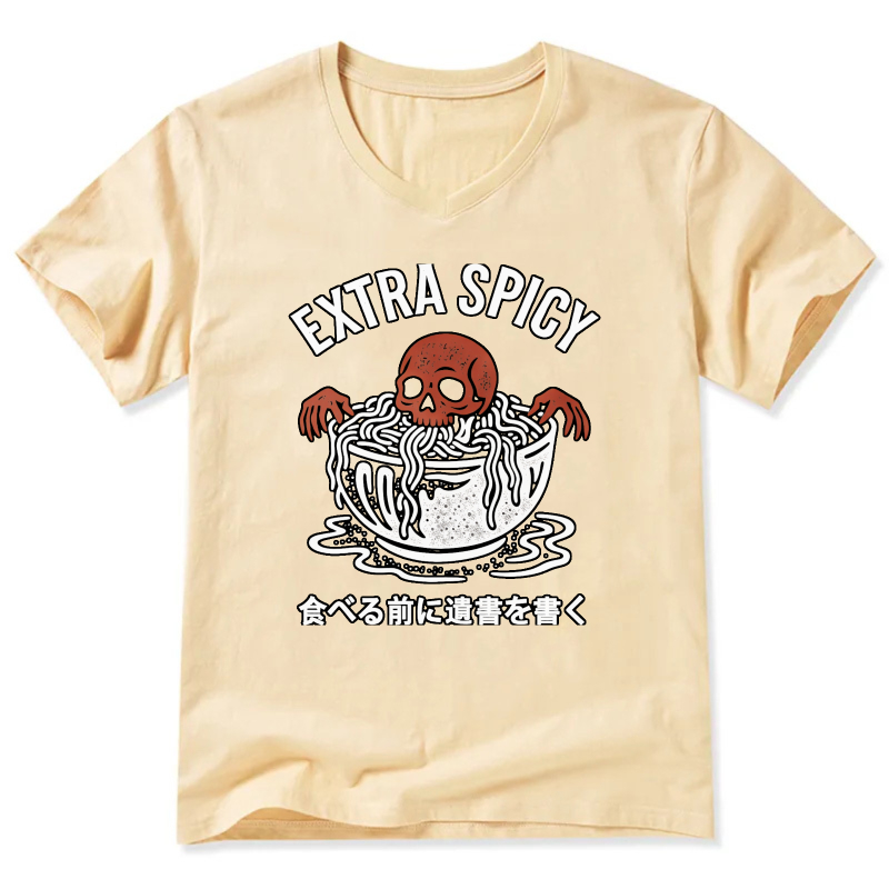 Extra Spicy Ramen Skull T-Shirt With Japanese Text Warning Design
