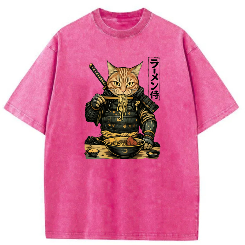 Cat Samurai Eating Ramen Noodles With Sword tshirt 100% cotton