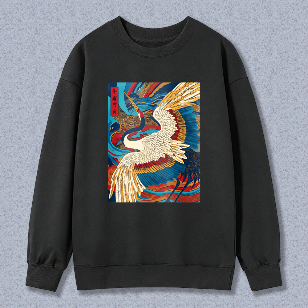 Flying Crane With Waves And Colors Unisex Crewneck Classic Sweatshirt