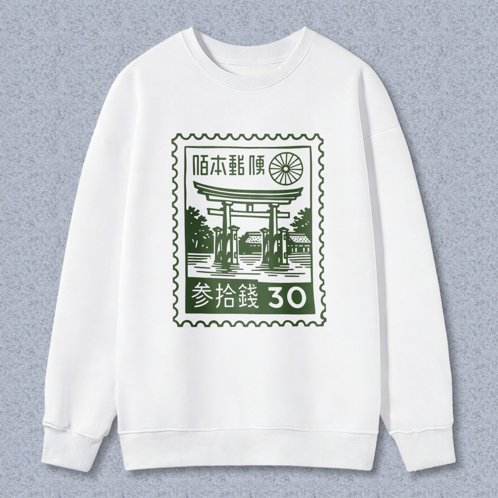 Japan Post Stamp Design Sweatshirt With Torii Gate And Traditional Motif 30 Sen Print Black Crewneck Pullover