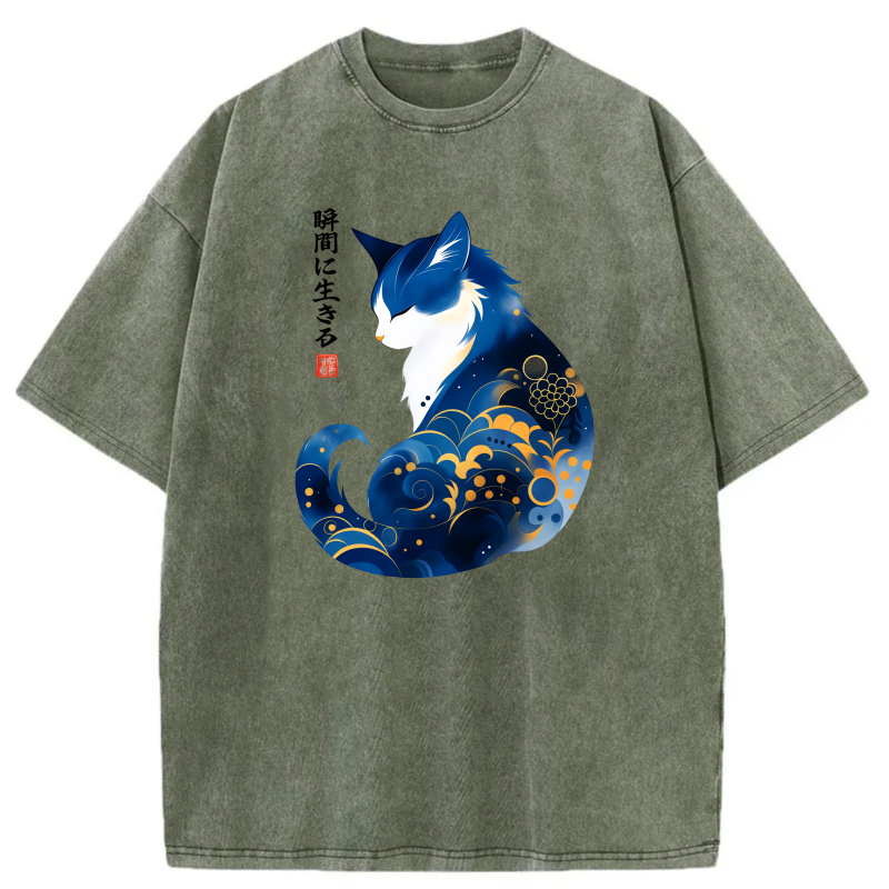 Blue Cat With Wave Pattern And Japanese Text tshirt 100% cotton