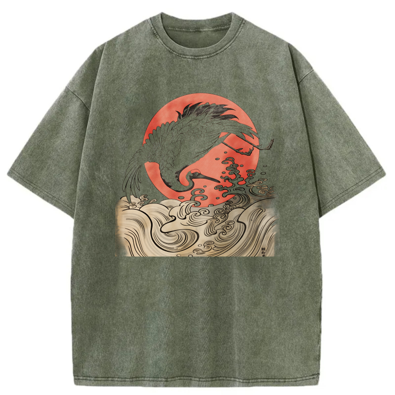 Dragon Silhouette Red Moon Waves Pattern tshirt 100% cotton