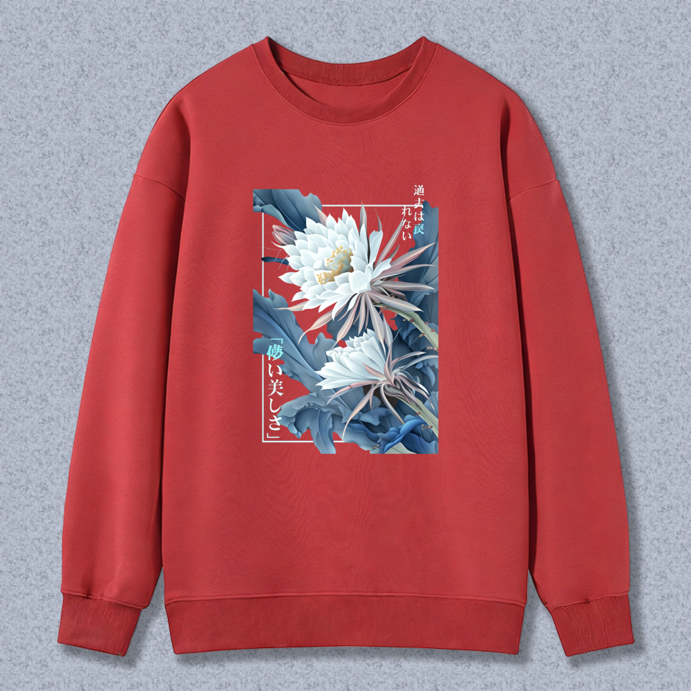 Black Sweatshirt With Floral Design And Japanese Text Art Print Unisex Casual Wear