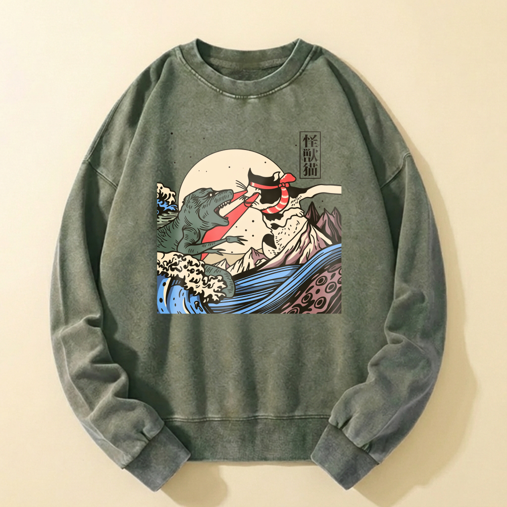 Black Crewneck Sweatshirt With Mythical Sea Monster And Moon Design Artistic Graphic Print Casual Wear For Men And Women
