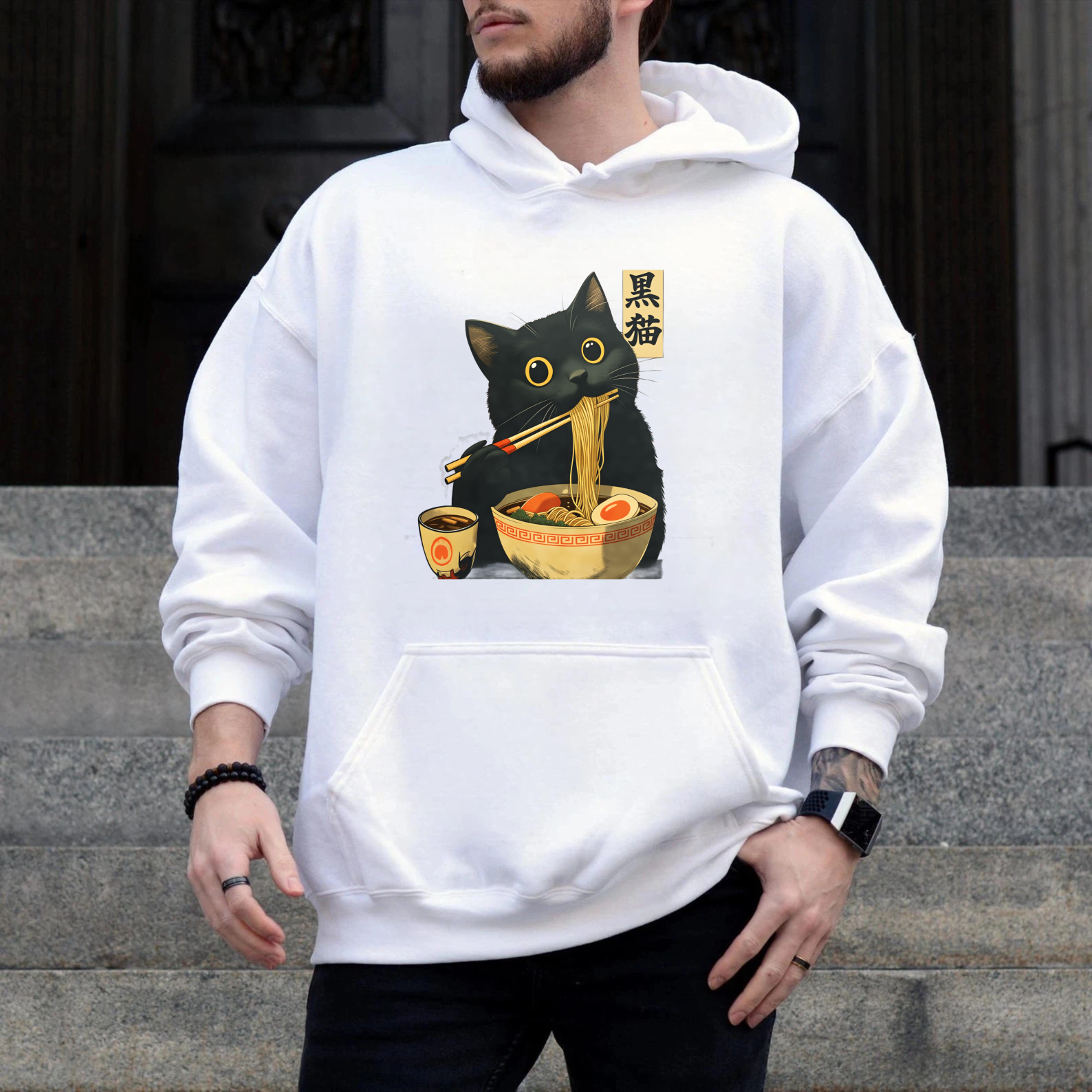 Black Cat Eating Ramen Hoodie Japanese Food Anime Style Sweatshirt
