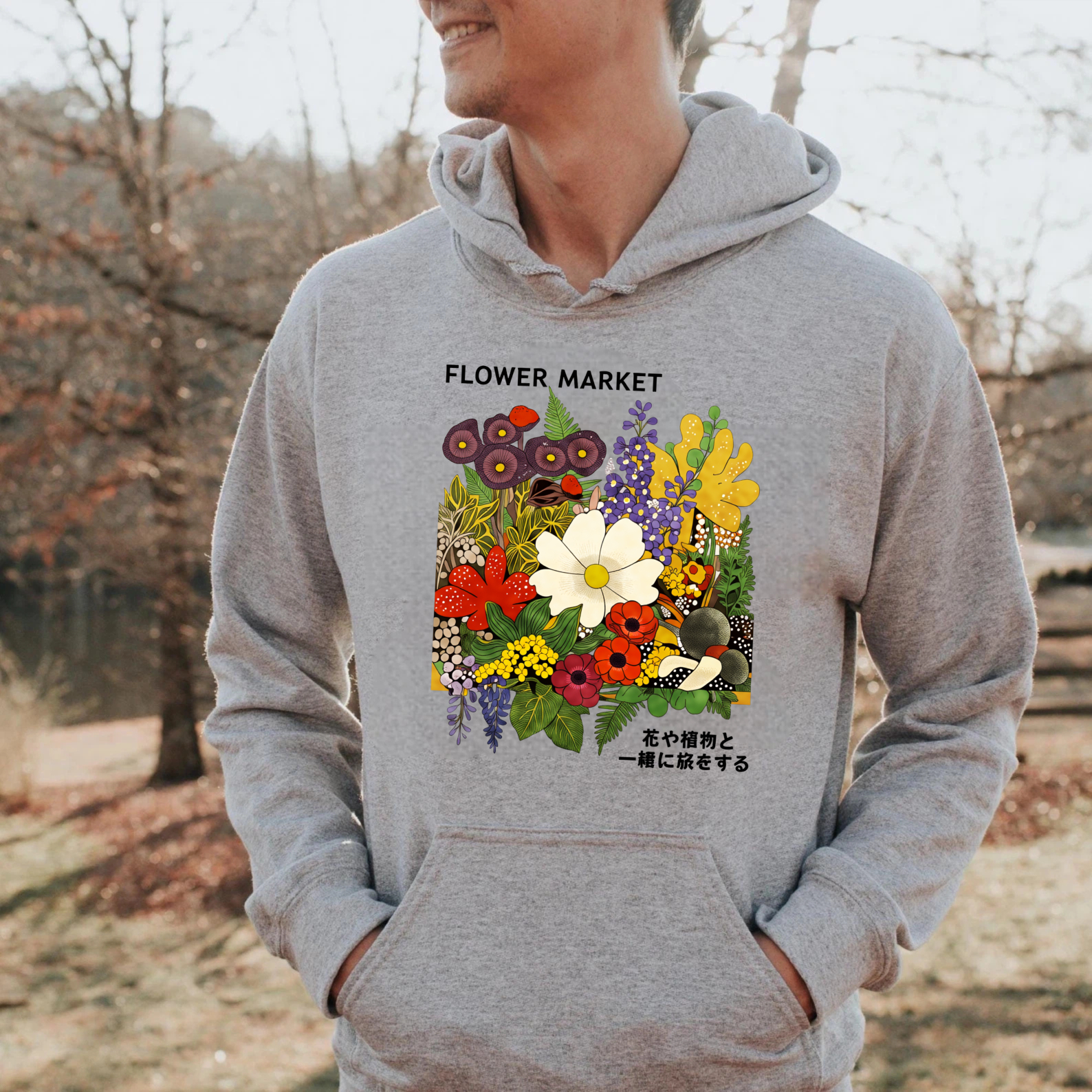 Flower Market Hoodie Floral Design Black Sweatshirt Unisex Casual Wear
