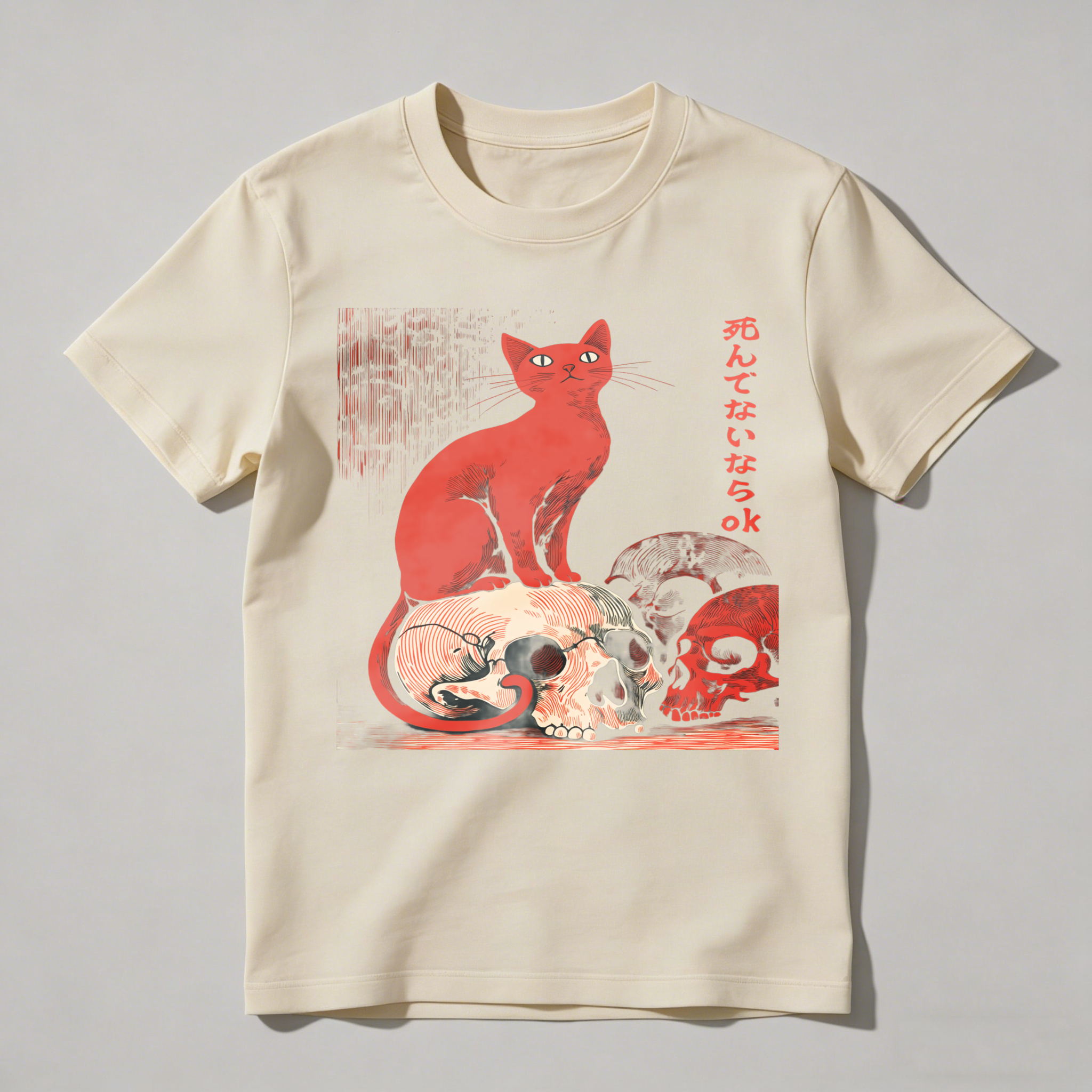 Red Cat Sitting On Skulls With Japanese Text tshirt 100% cotton