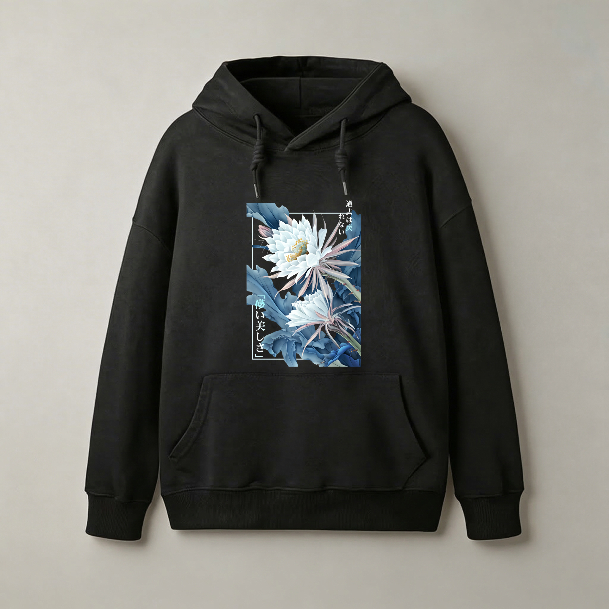 Flower Art Design Hoodie With Japanese Text And Cactus Blossom Print Unisex Sweatshirt Black