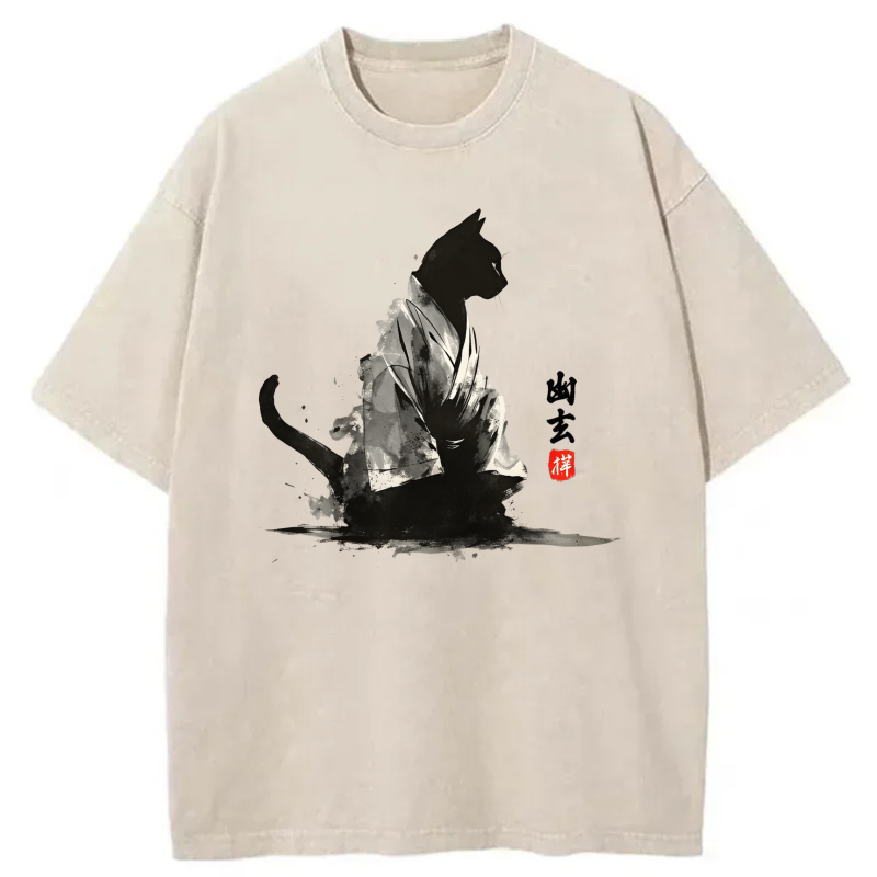 Black Cat In Kimono With Chinese Calligraphy tshirt 100% cotton
