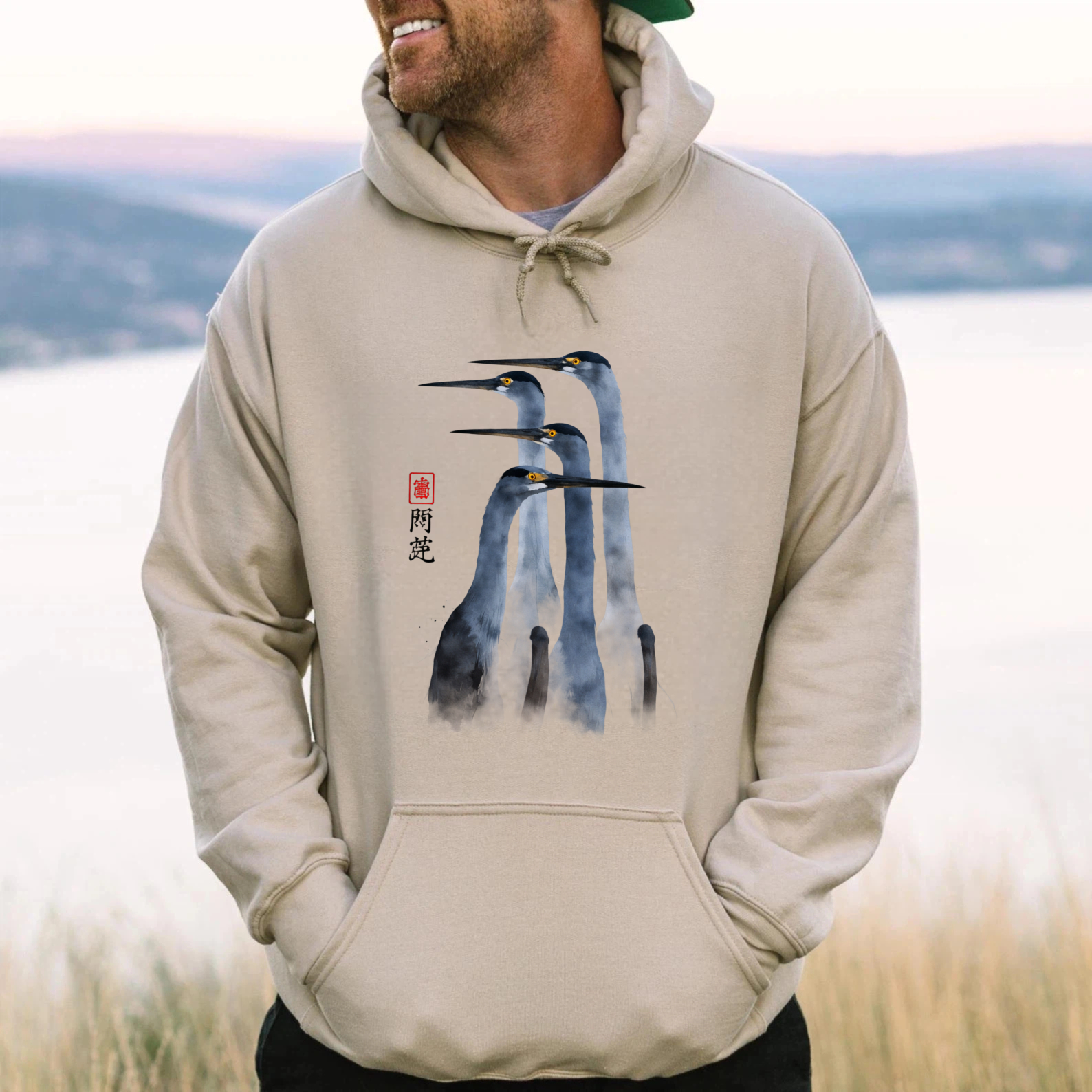 Chinese Painting Crane Design Hoodie Unisex Black Sweatshirt With Pocket And Drawstring Hood
