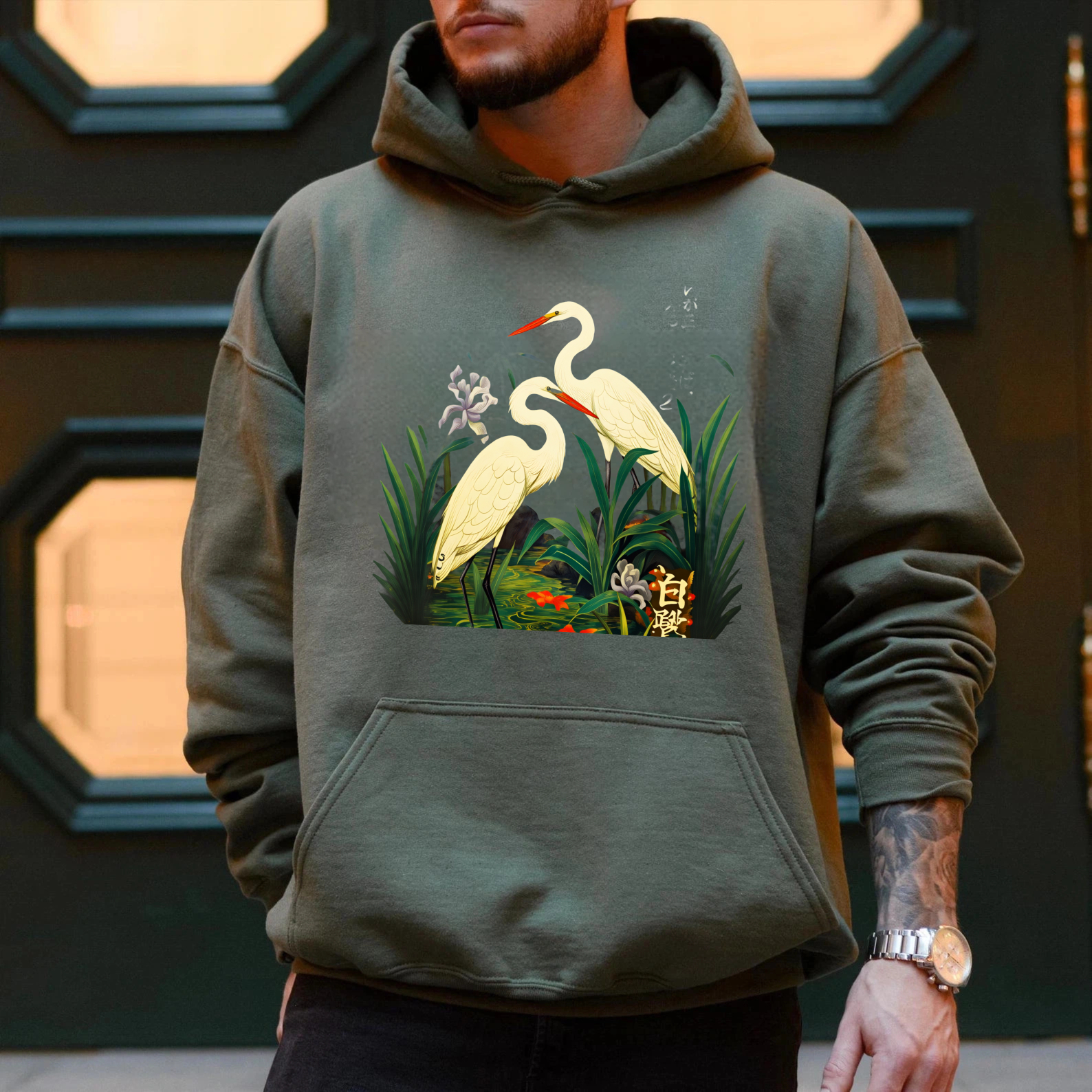 Black Hoodie With Crane And Floral Design Nature Inspired Art Print Sweatshirt