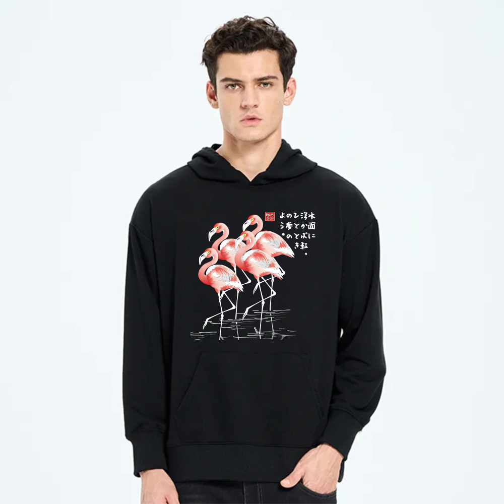 Flamingo Art Print Hoodie Japanese Style Black Sweatshirt With Pocket And Drawstring Cap