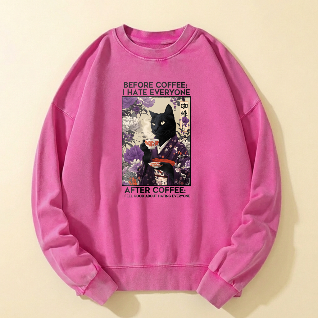 Black Cat In Kimono Coffee Art Sweatshirt Unisex Casual Crewneck Pullover Top