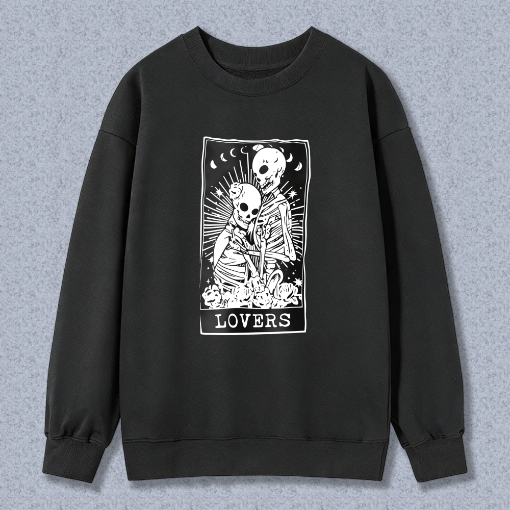 Skeleton Lovers Tarot Card Sweatshirt Gothic Couple Design Black Crewneck Pullover