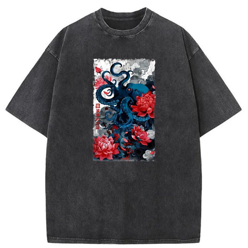 Octopus And Red Flowers Pattern tshirt 100% cotton
