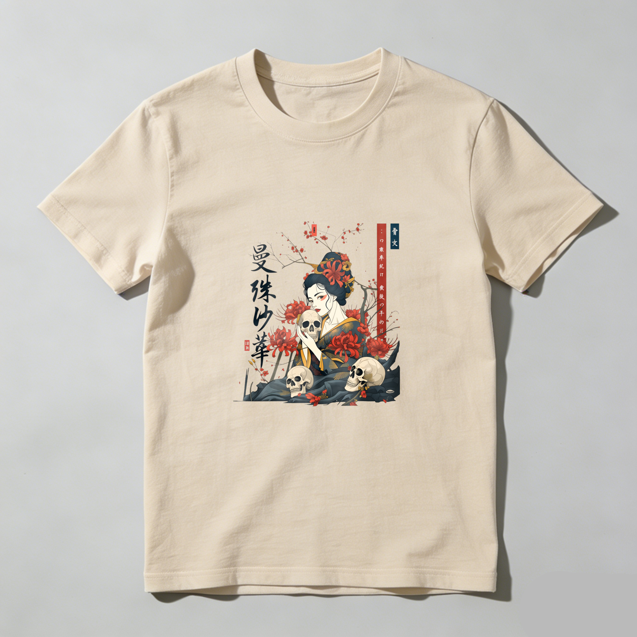 Geisha With Skulls And Cherry Blossoms tshirt 100% cotton