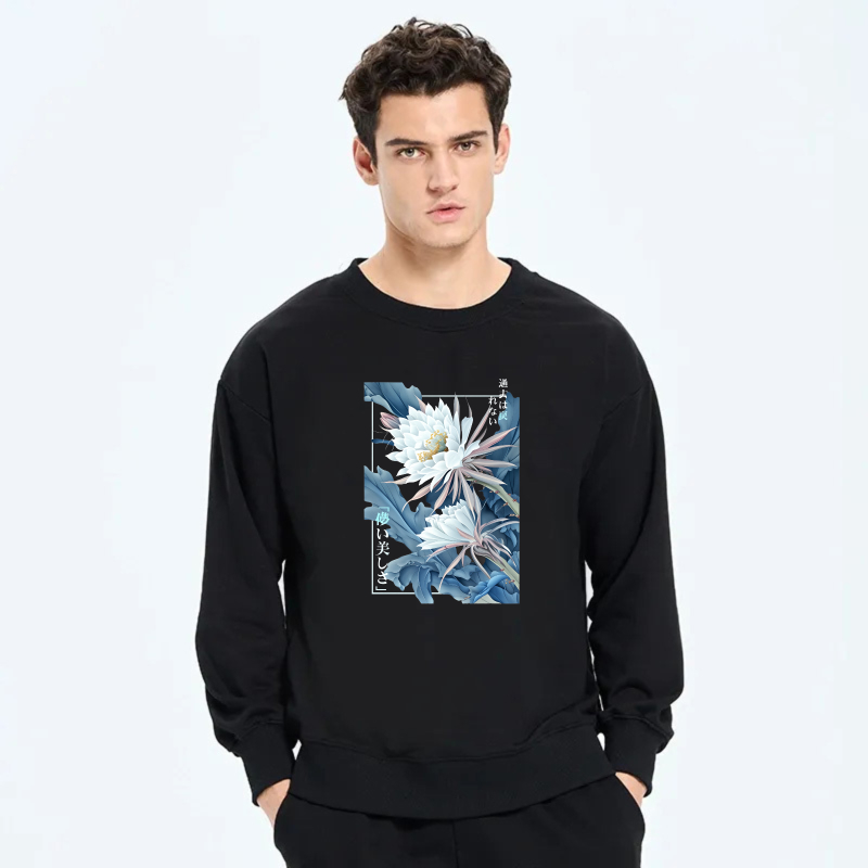 Black Sweatshirt With Floral Design And Japanese Text Art Print Unisex Casual Wear