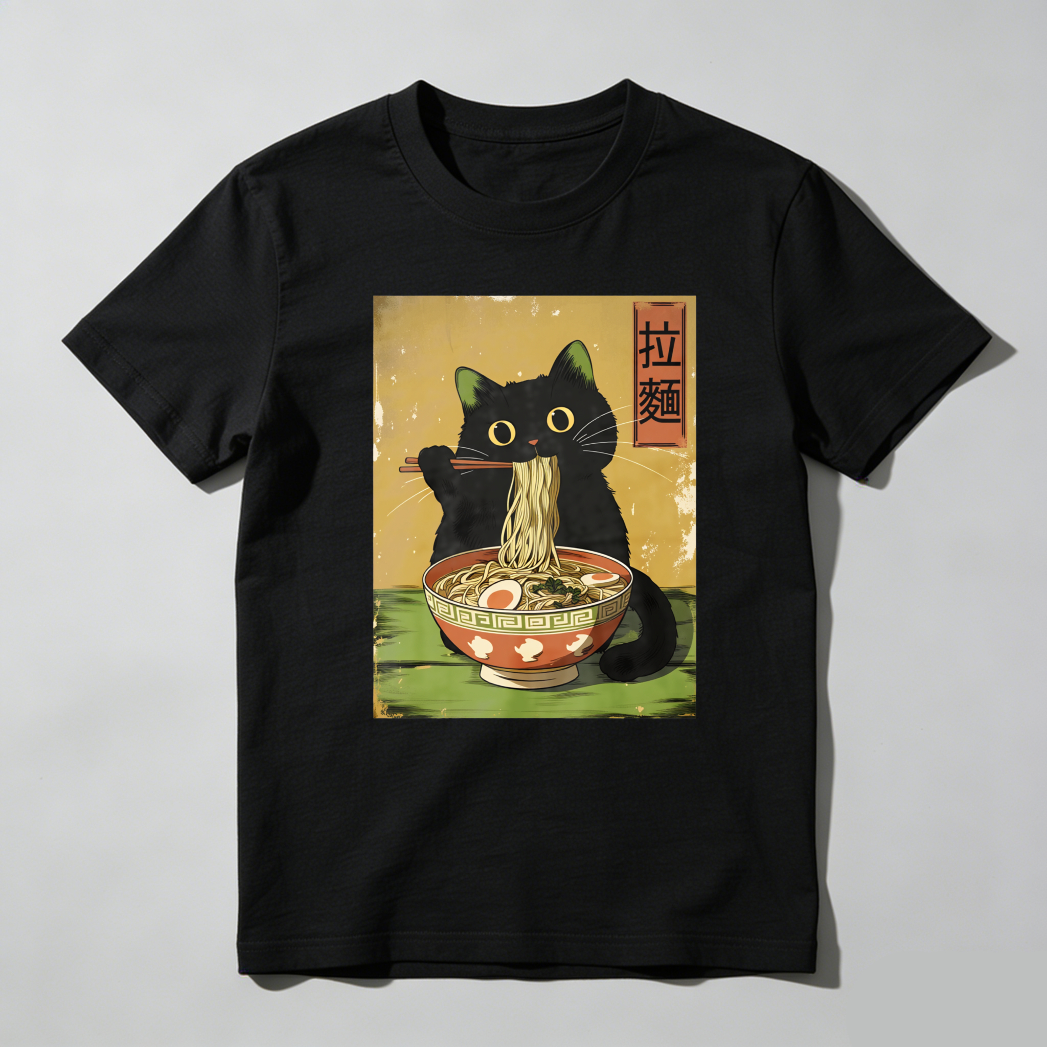Black Cat Eating Ramen Noodles With Chopsticks tshirt 100% cotton