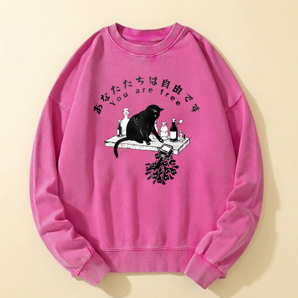 Black Cat Alchemy Lab Graphic Sweatshirt Unisex Oversized Crewneck Pullover Vintage Washed Look Casual Streetwear Top