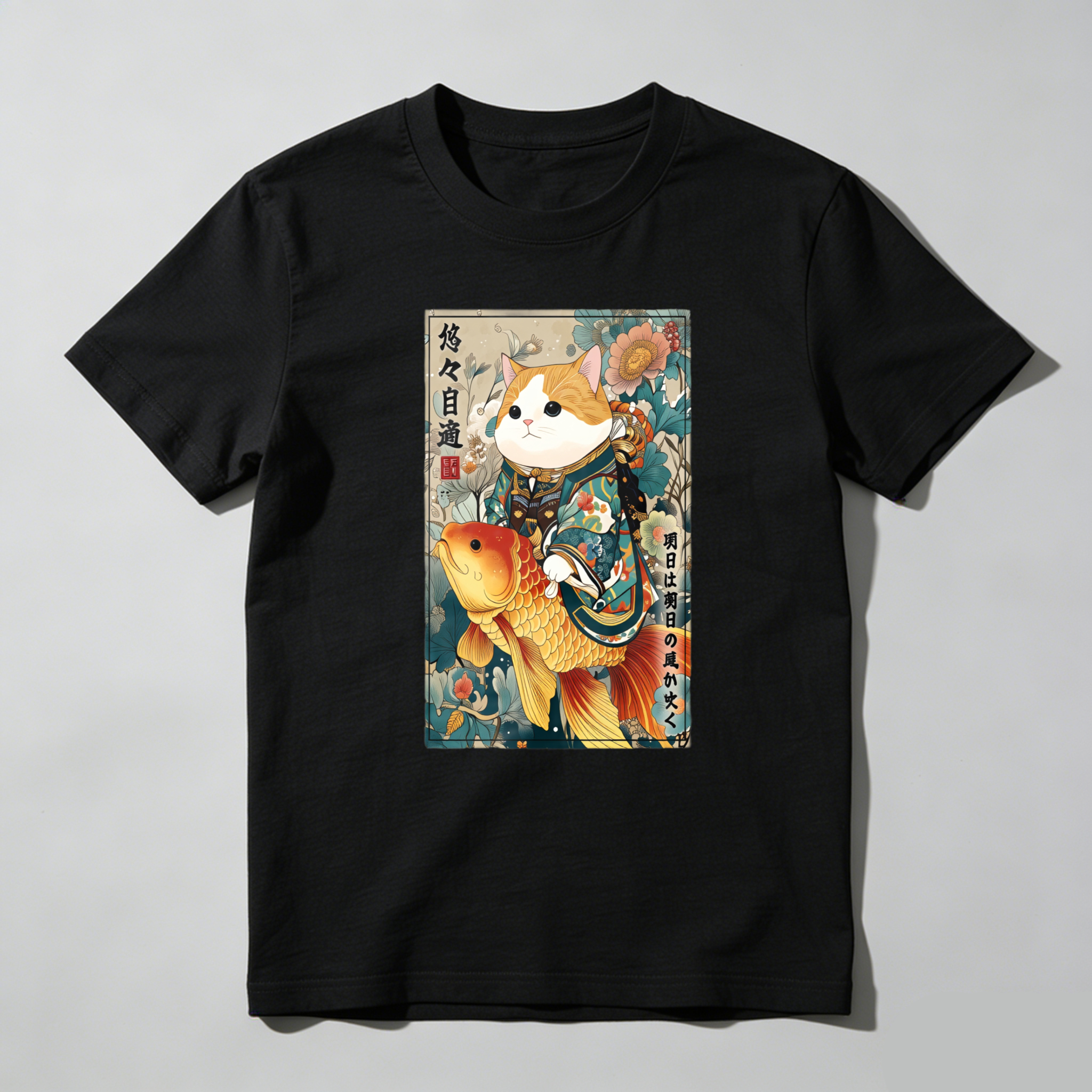 Cat With Koi Fish And Flowers tshirt 100% cotton
