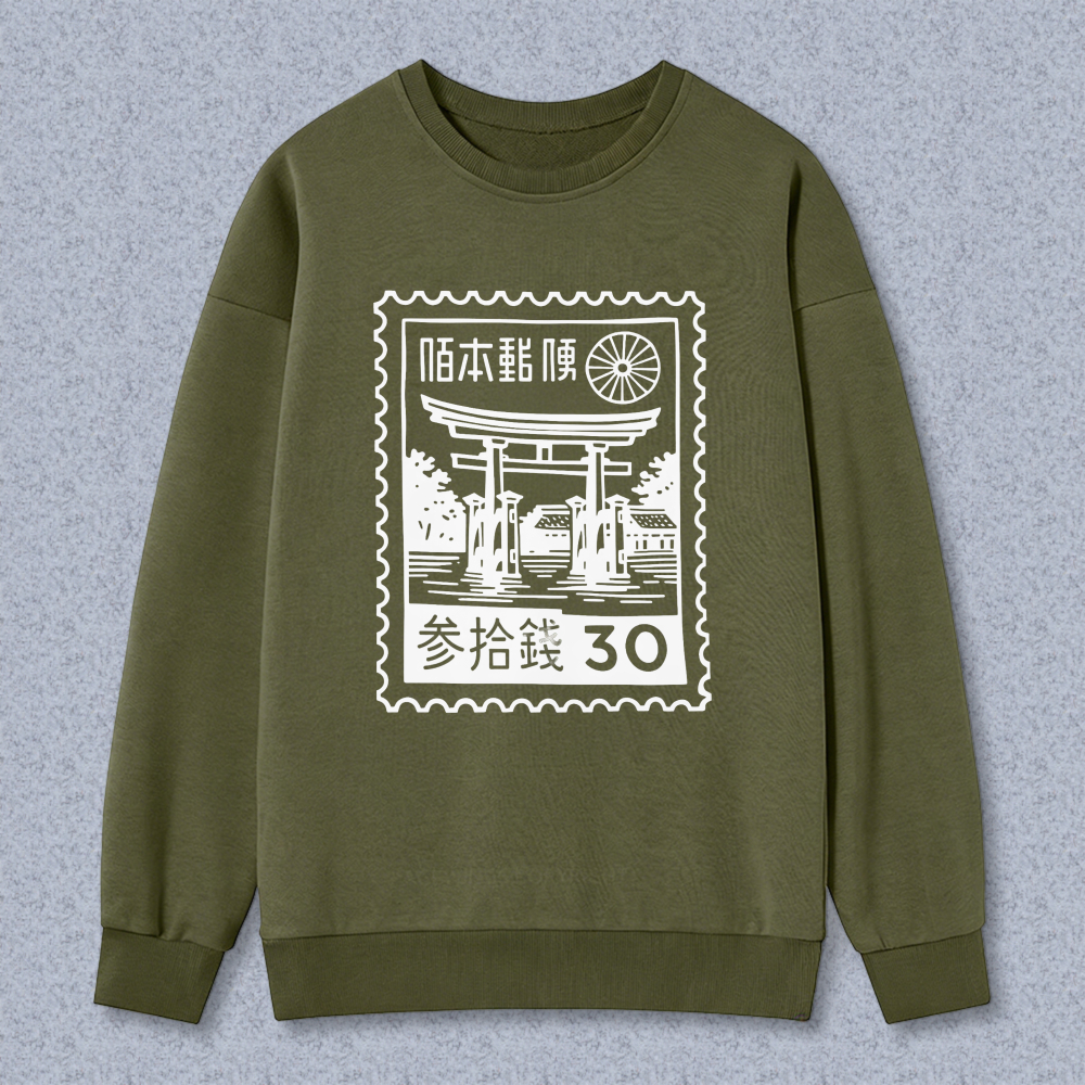 Japan Post Stamp Design Sweatshirt With Torii Gate And Traditional Motif 30 Sen Print Black Crewneck Pullover