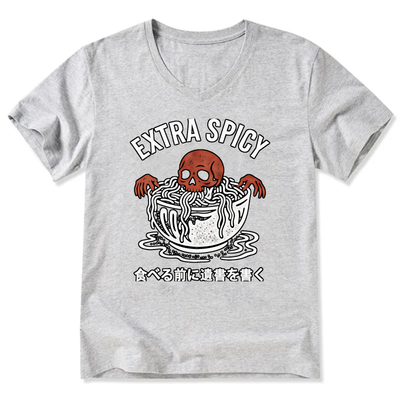 Extra Spicy Ramen Skull T-Shirt With Japanese Text Warning Design