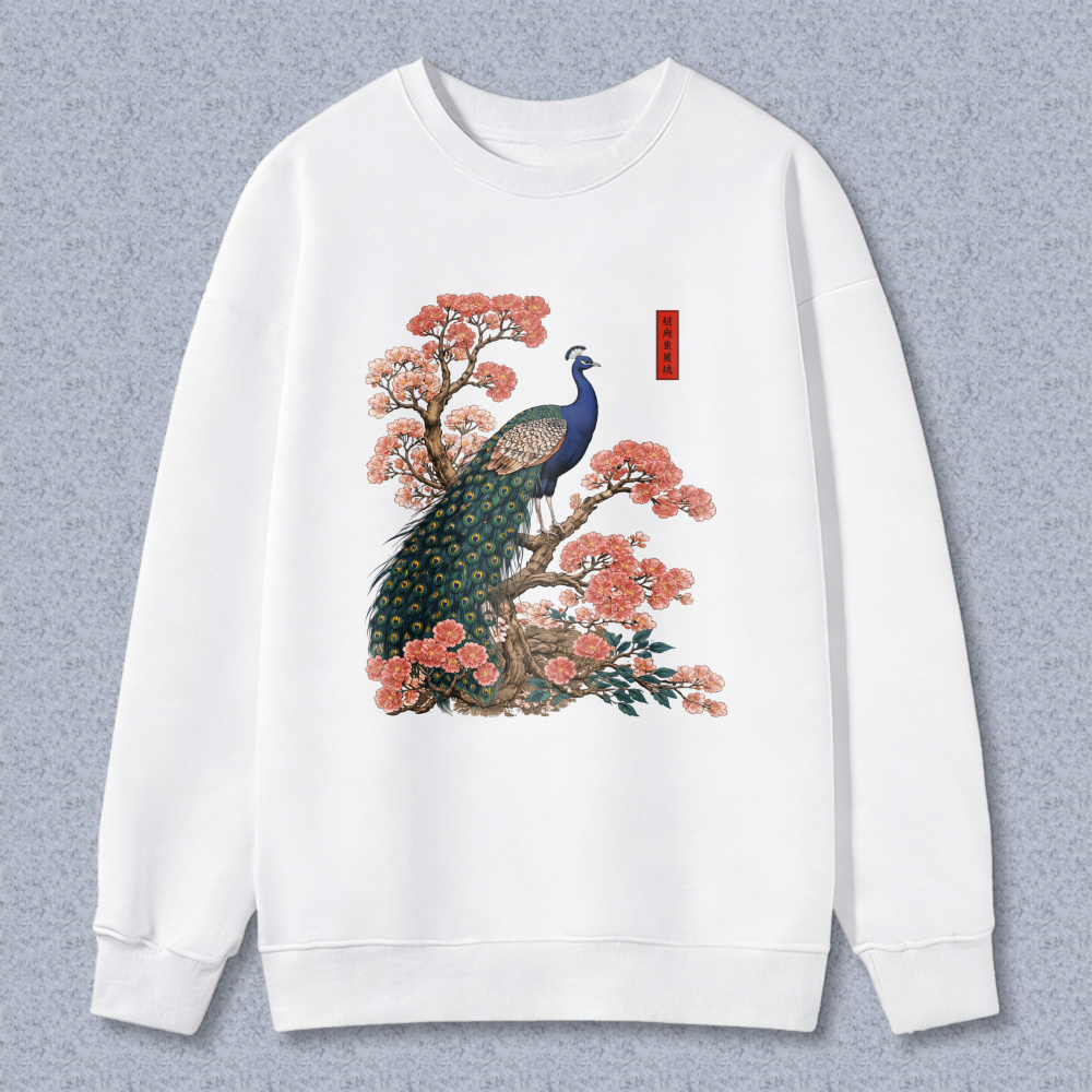 Peacock And Cherry Blossom Art Sweatshirt Unisex Crewneck Pullover Fashion Casual Top