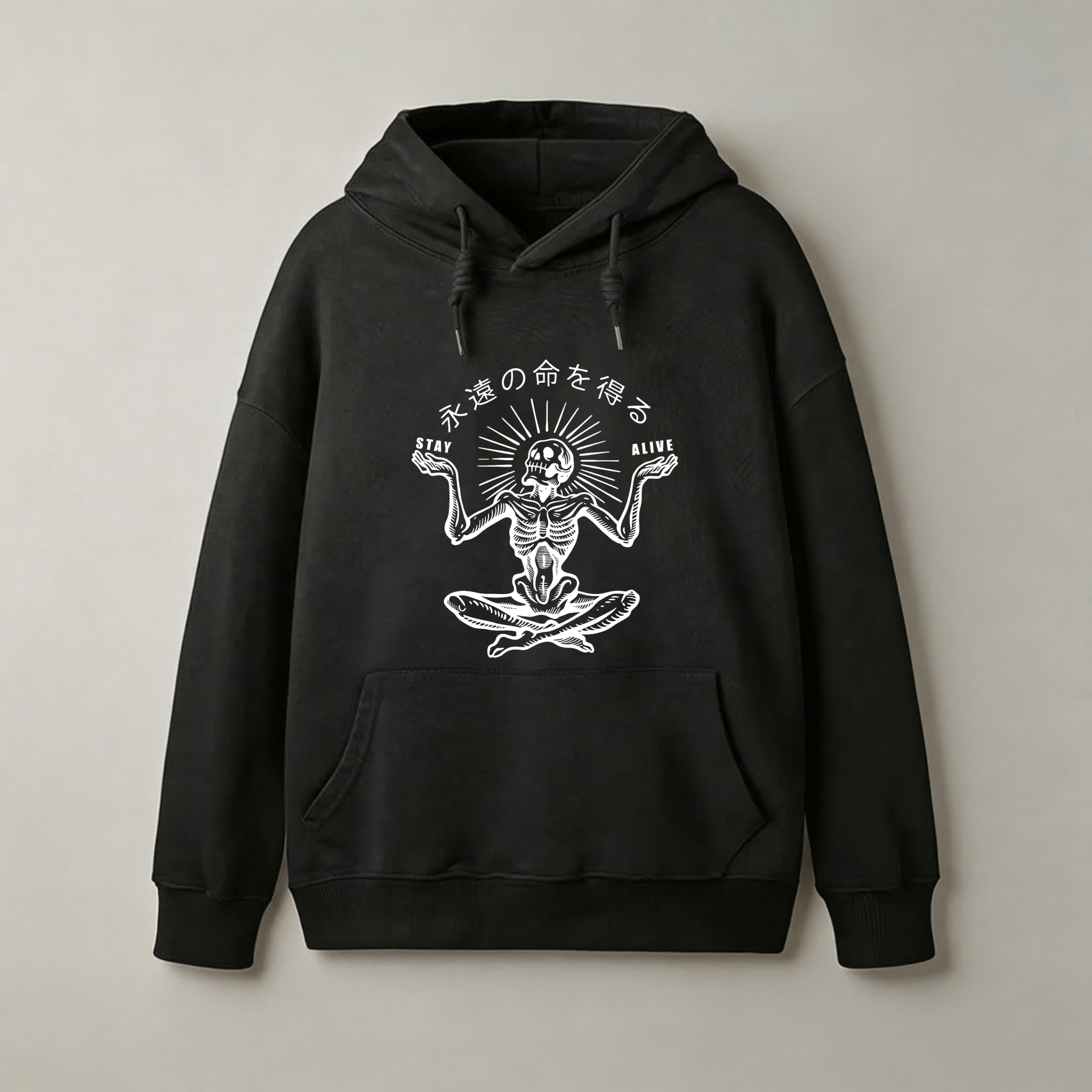 Black Hoodie With Skeleton Yoga Design And Japanese Text Stay Alive Message