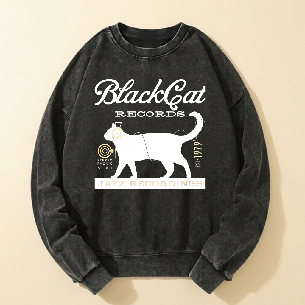 Black Cat Records Jazz Recordings Sweatshirt Vintage Style Graphic Crewneck Pullover
