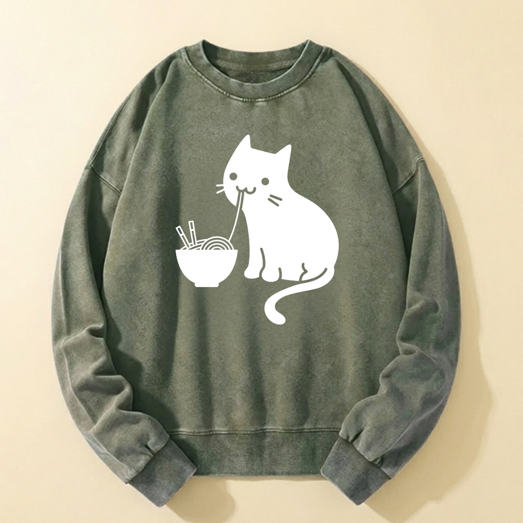 Cute Cat Eating Noodles Sweatshirt Unisex Casual Long Sleeve Pullover Top