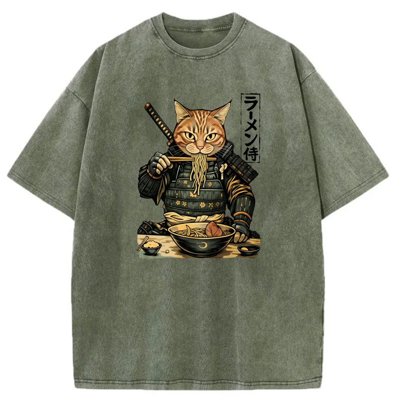 Cat Samurai Eating Ramen Noodles With Sword tshirt 100% cotton
