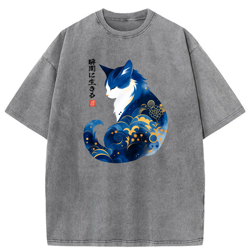 Blue Cat With Wave Pattern And Japanese Text tshirt 100% cotton