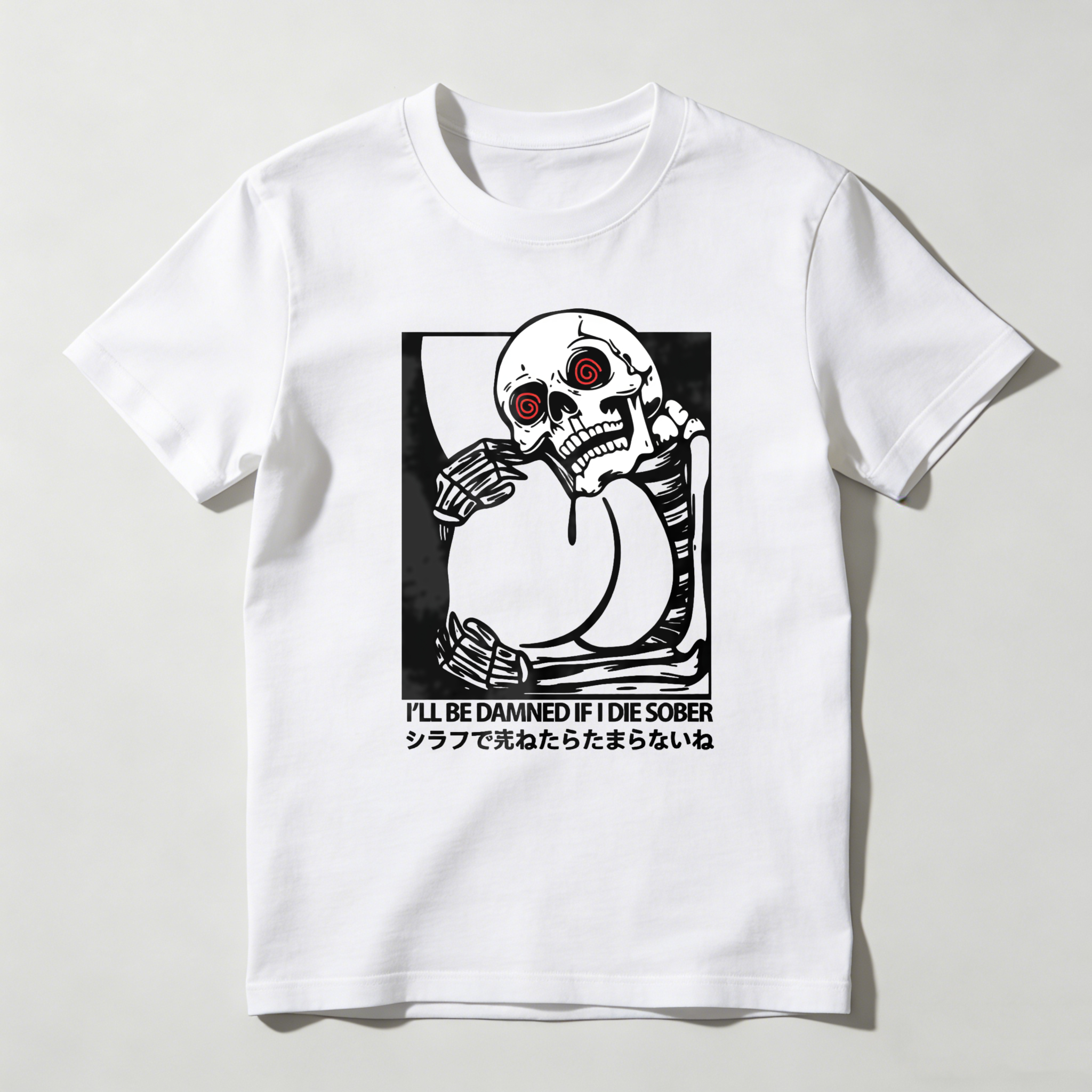 Skeleton Holding Glass With Red Eyes tshirt 100% cotton