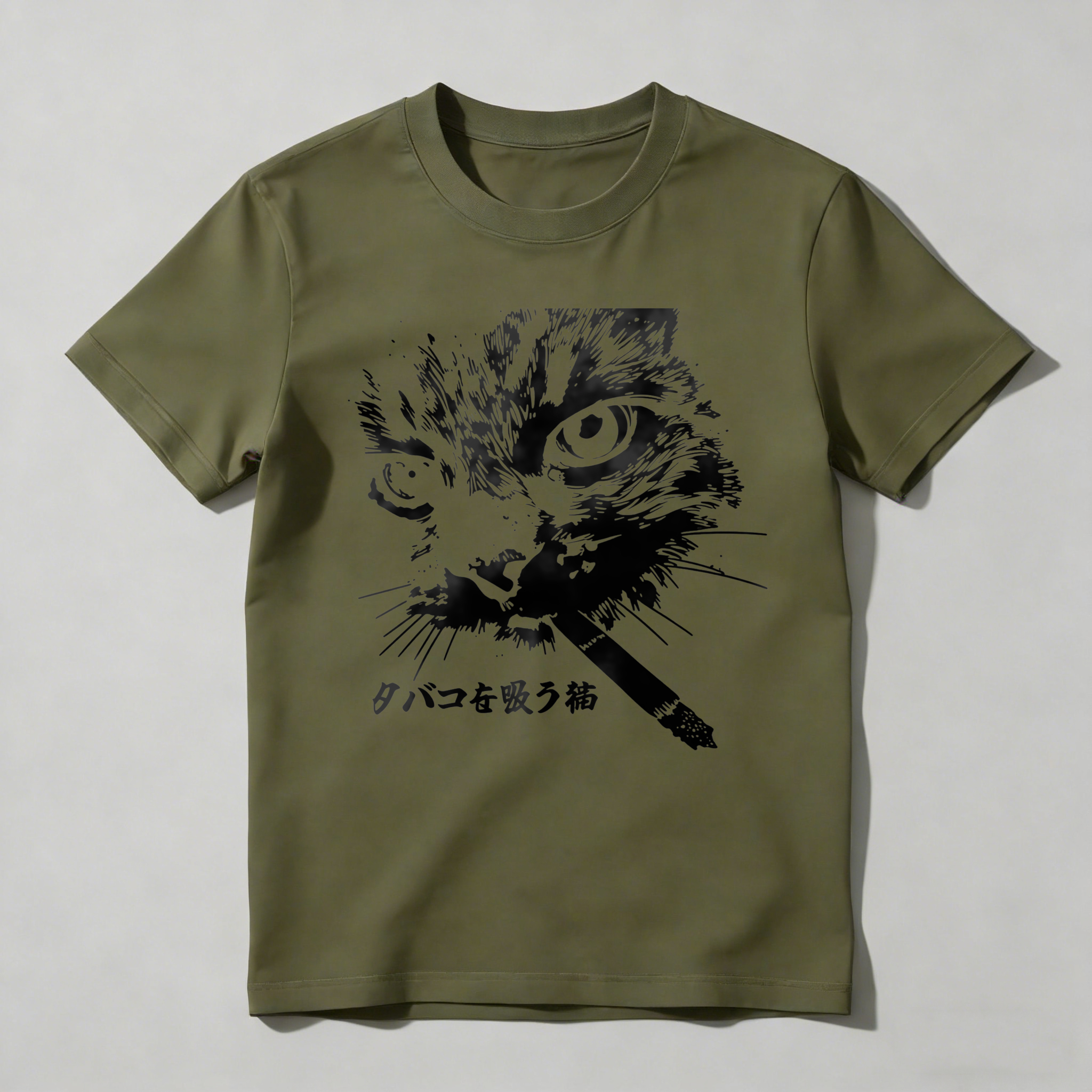 Cat Smoking Cigarette With Japanese Text tshirt 100% cotton