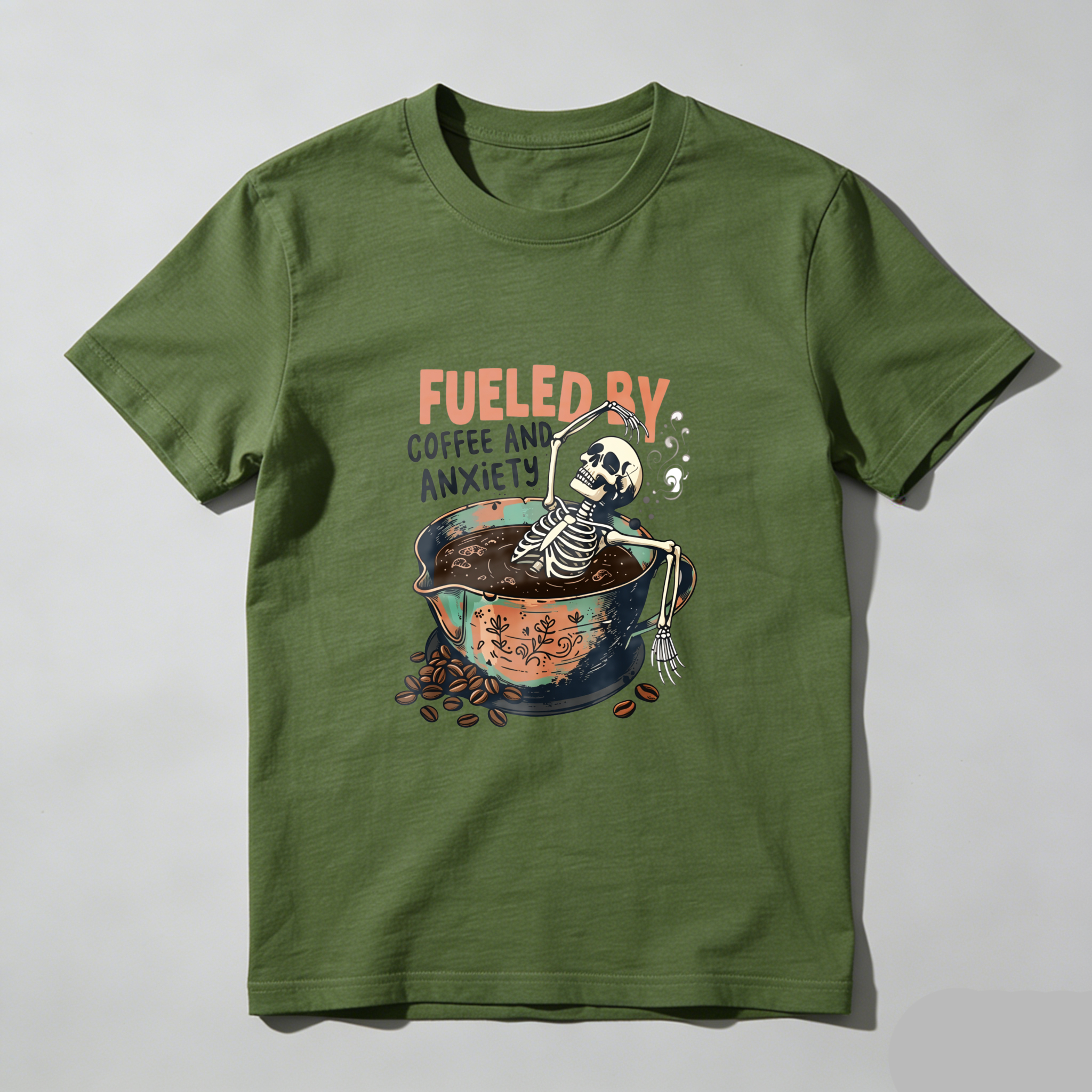 Fueled By Coffee Skeleton Design tshirt 100% cotton