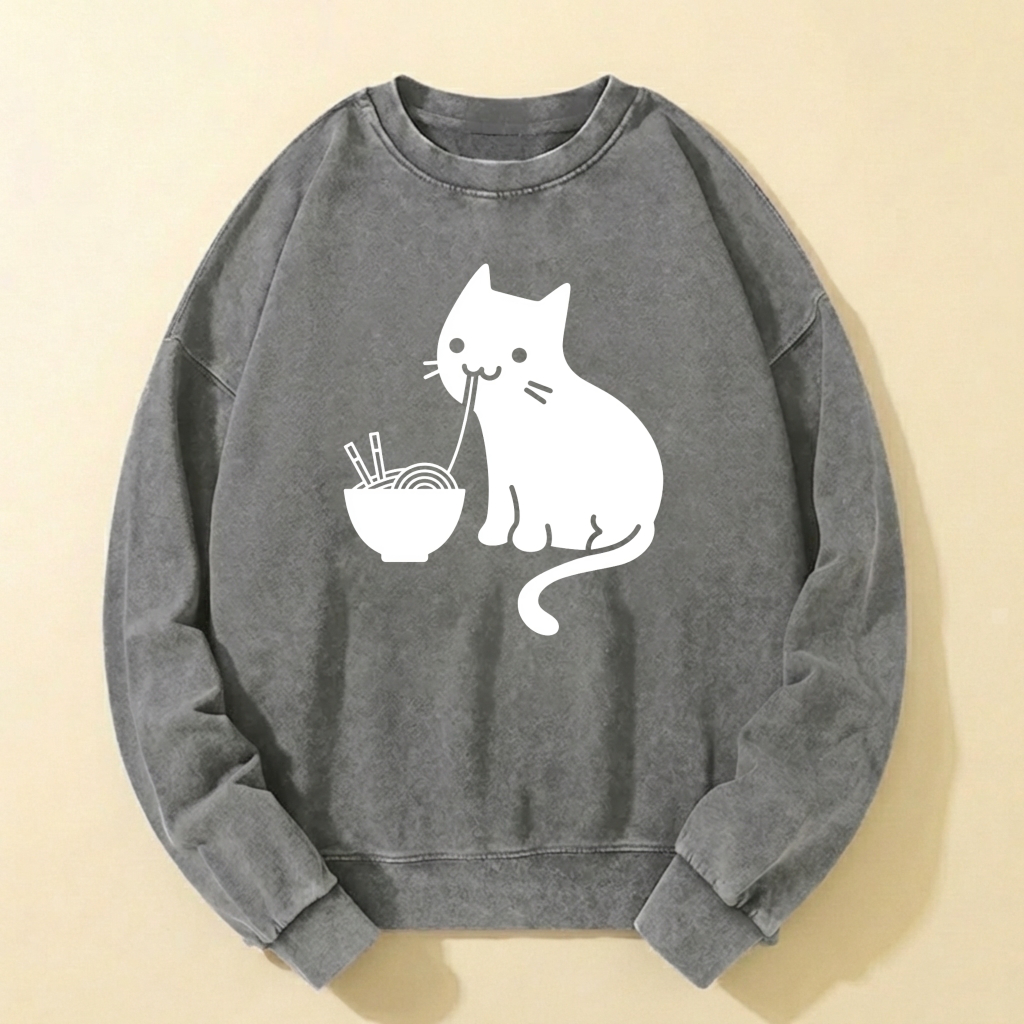 Cute Cat Eating Noodles Sweatshirt Unisex Casual Long Sleeve Pullover Top