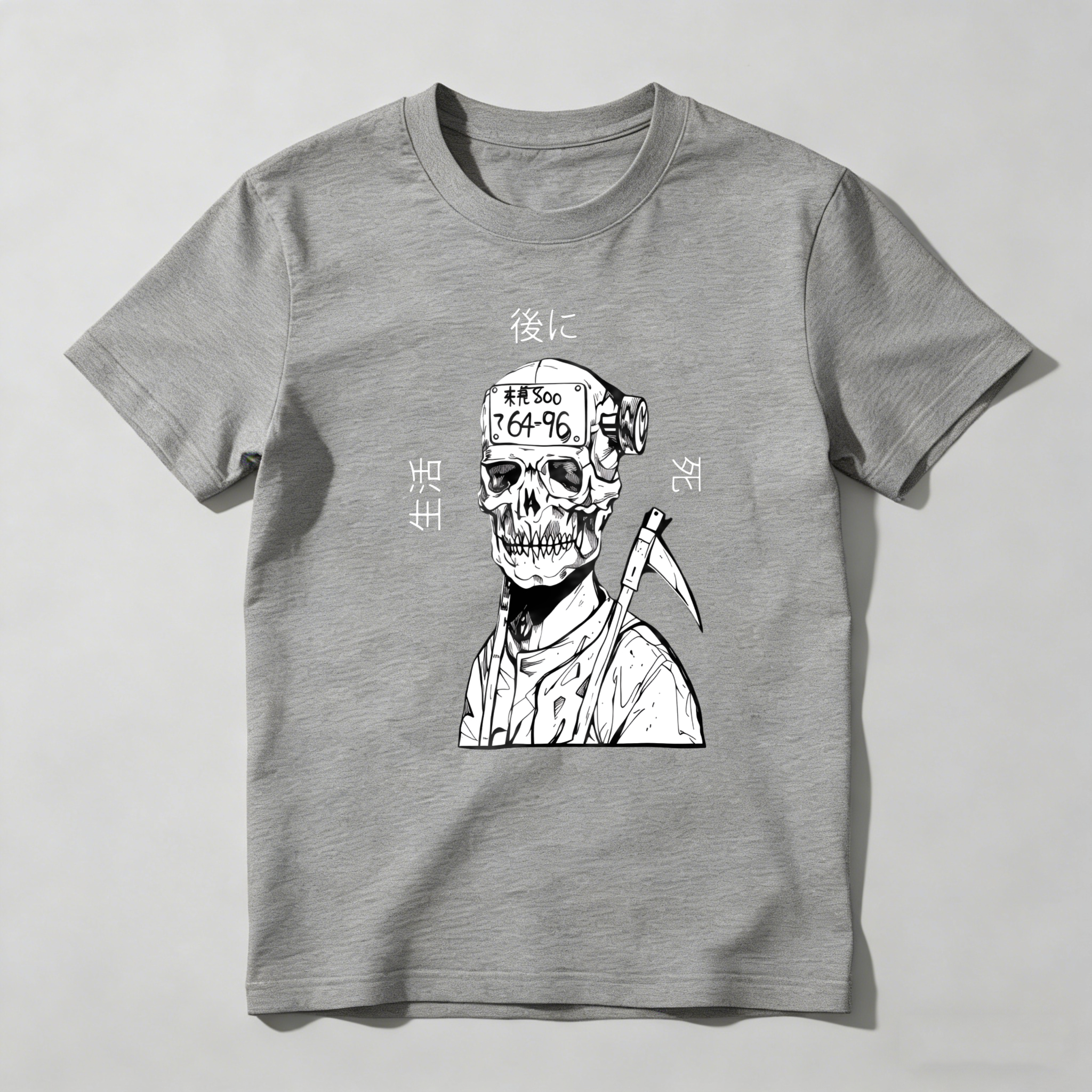Skull With Scythe And Japanese Text tshirt 100% cotton