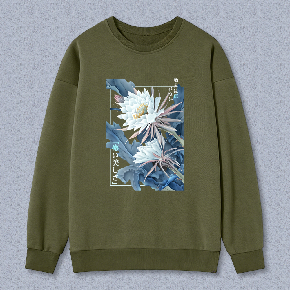 Black Sweatshirt With Floral Design And Japanese Text Art Print Unisex Casual Wear