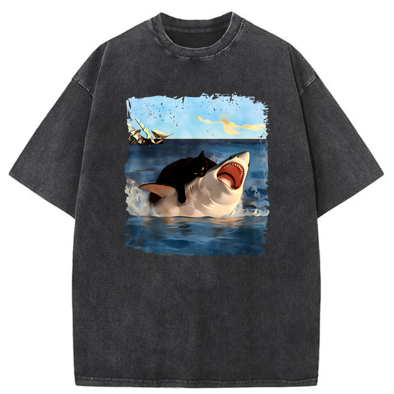 Cat Shark Ocean Sunset Boat Water tshirt 100% cotton