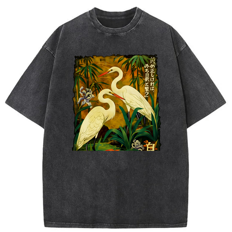 White Cranes Bamboo Flowers Japanese Art tshirt 100% cotton