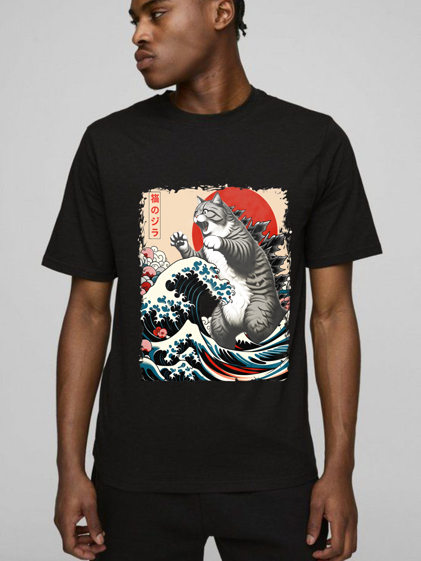 Cat Wave Sunset Mountains Cherry Blossoms tshirt 100% cotton