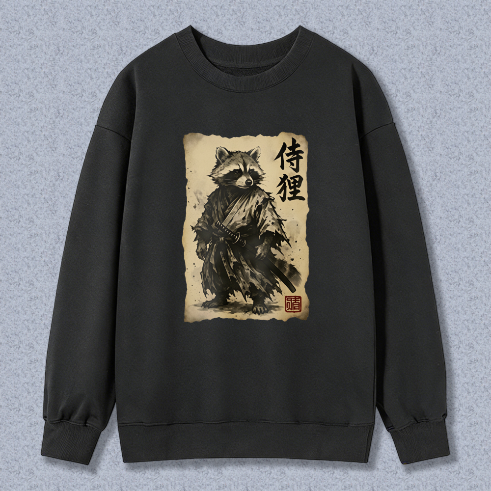 Raccoon Samurai Sweatshirt Japanese Style Animal Warrior Design Unisex Crewneck Pullover Black