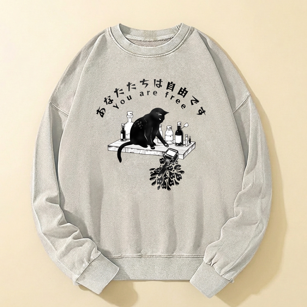 Black Cat Alchemy Lab Graphic Sweatshirt Unisex Oversized Crewneck Pullover Vintage Washed Look Casual Streetwear Top