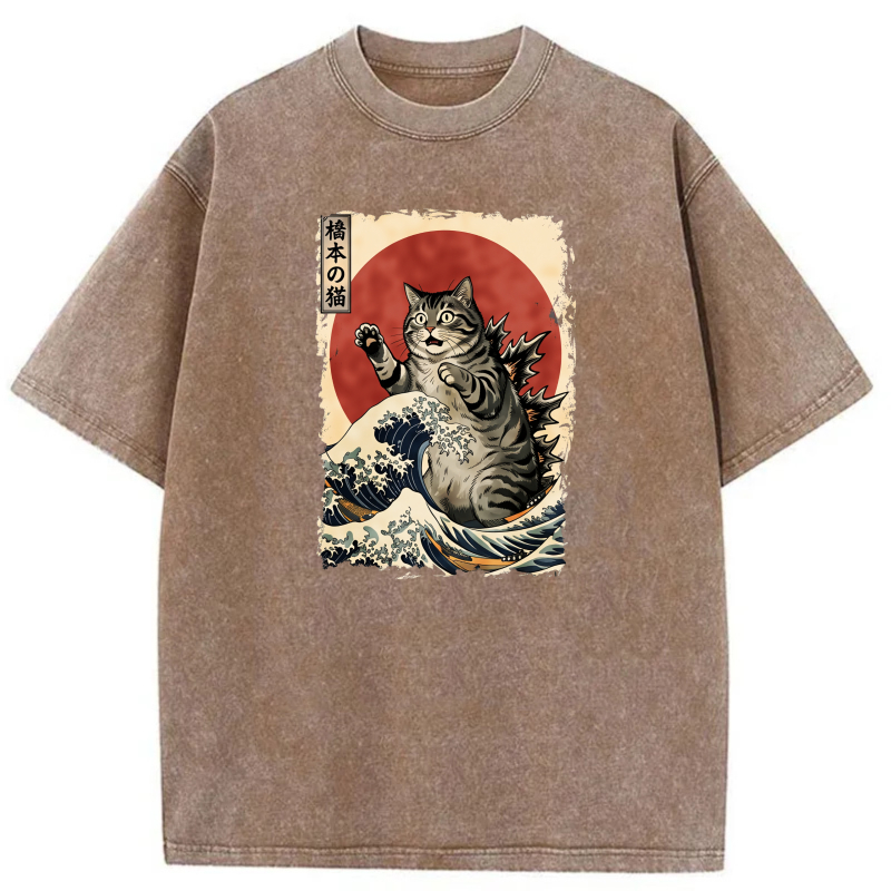 Cat Riding Wave With Red Sun Background tshirt 100% cotton