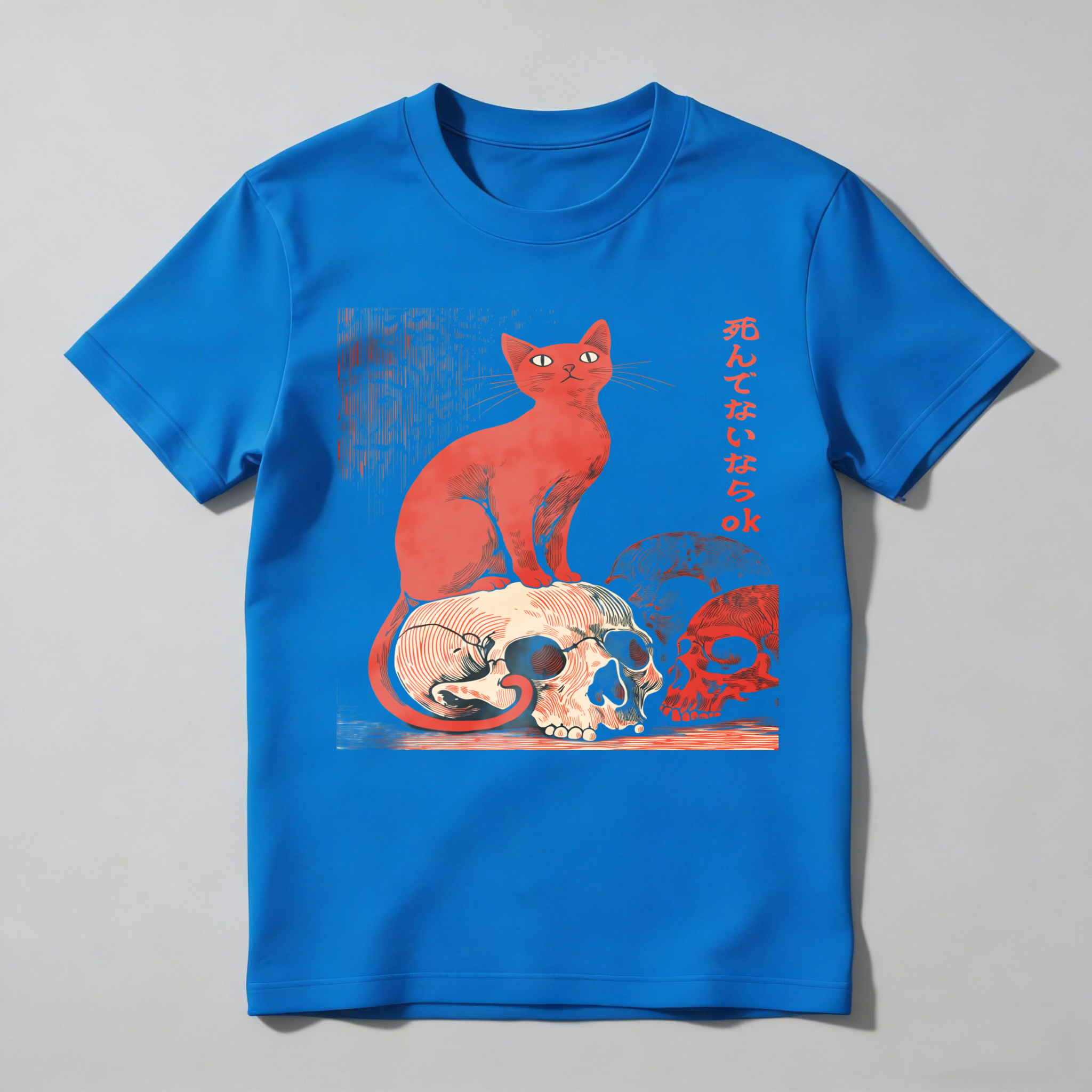 Red Cat Sitting On Skulls With Japanese Text tshirt 100% cotton