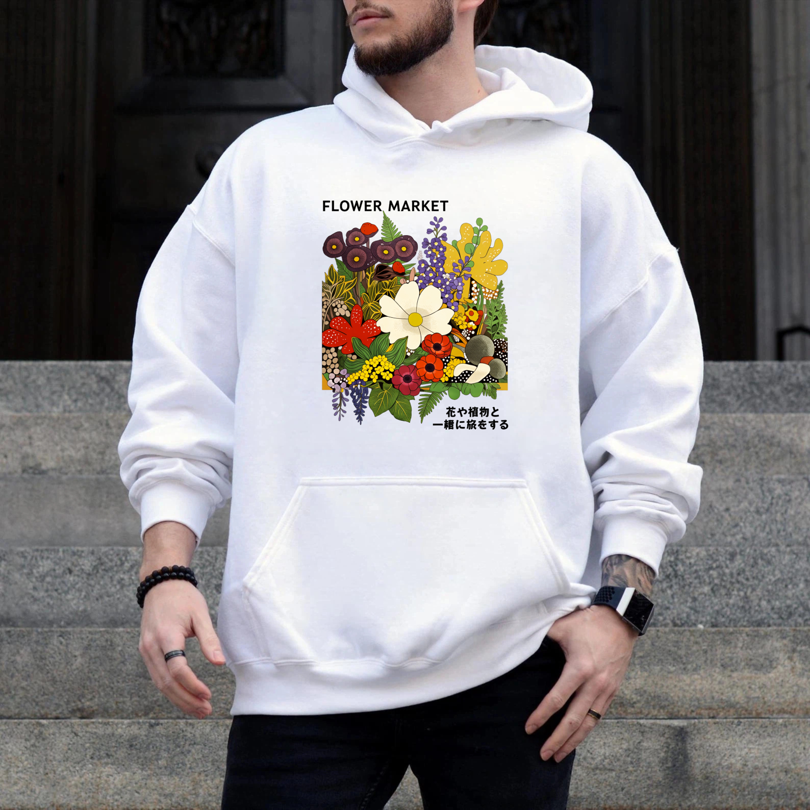 Flower Market Hoodie Floral Design Black Sweatshirt Unisex Casual Wear