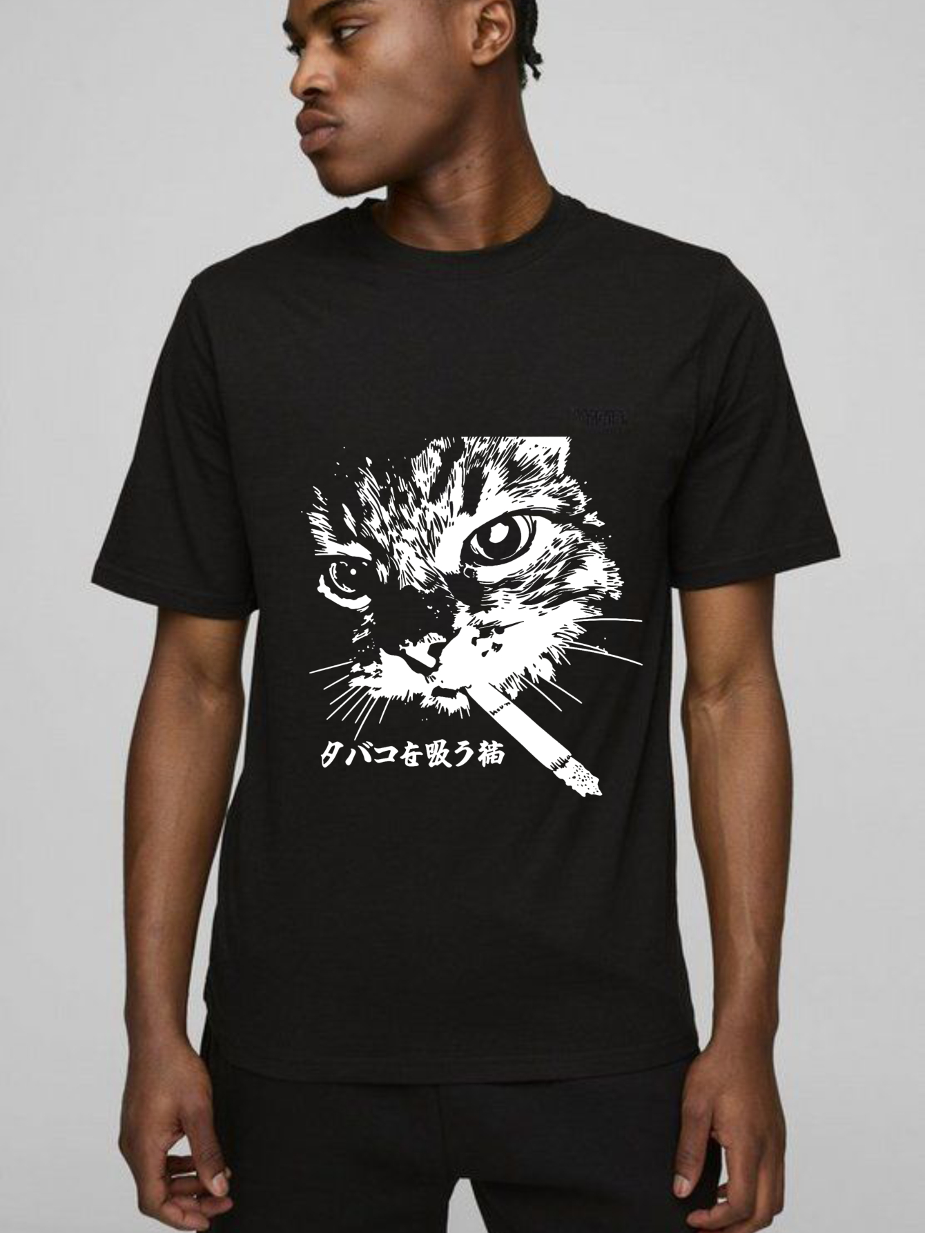 Cat Smoking Cigarette With Japanese Text tshirt 100% cotton